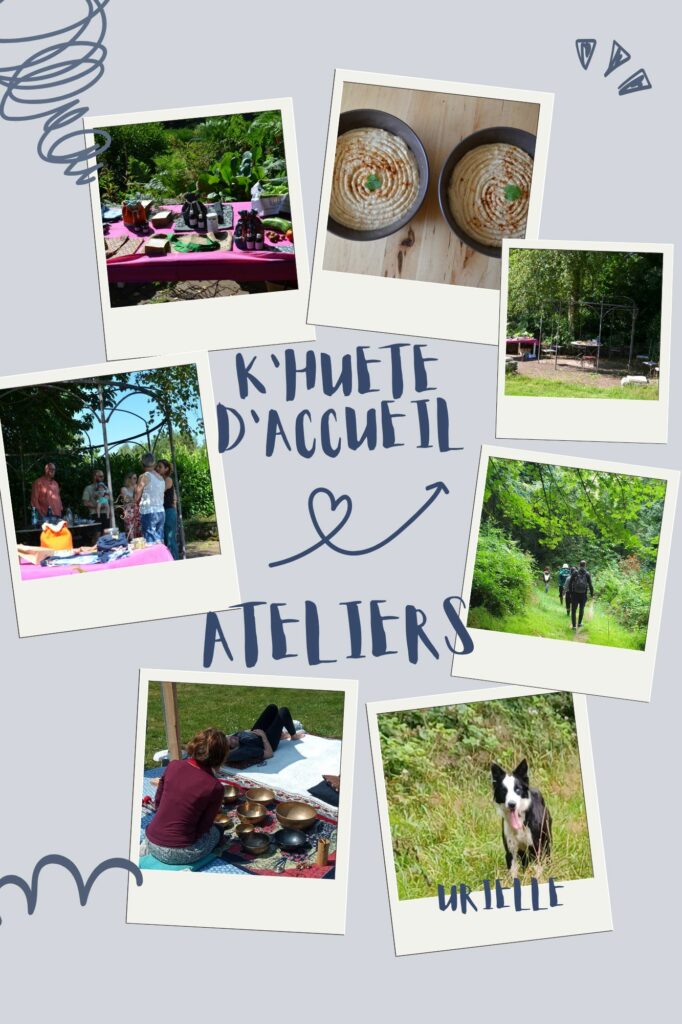 Présentation de l'activité de l'été autour des gîtes de Graine et Plénitude, à Quistinic dans le Morbihan et de leurs occupants. Pot d'accueil, ateliers plantes sauvages, bains sonores...